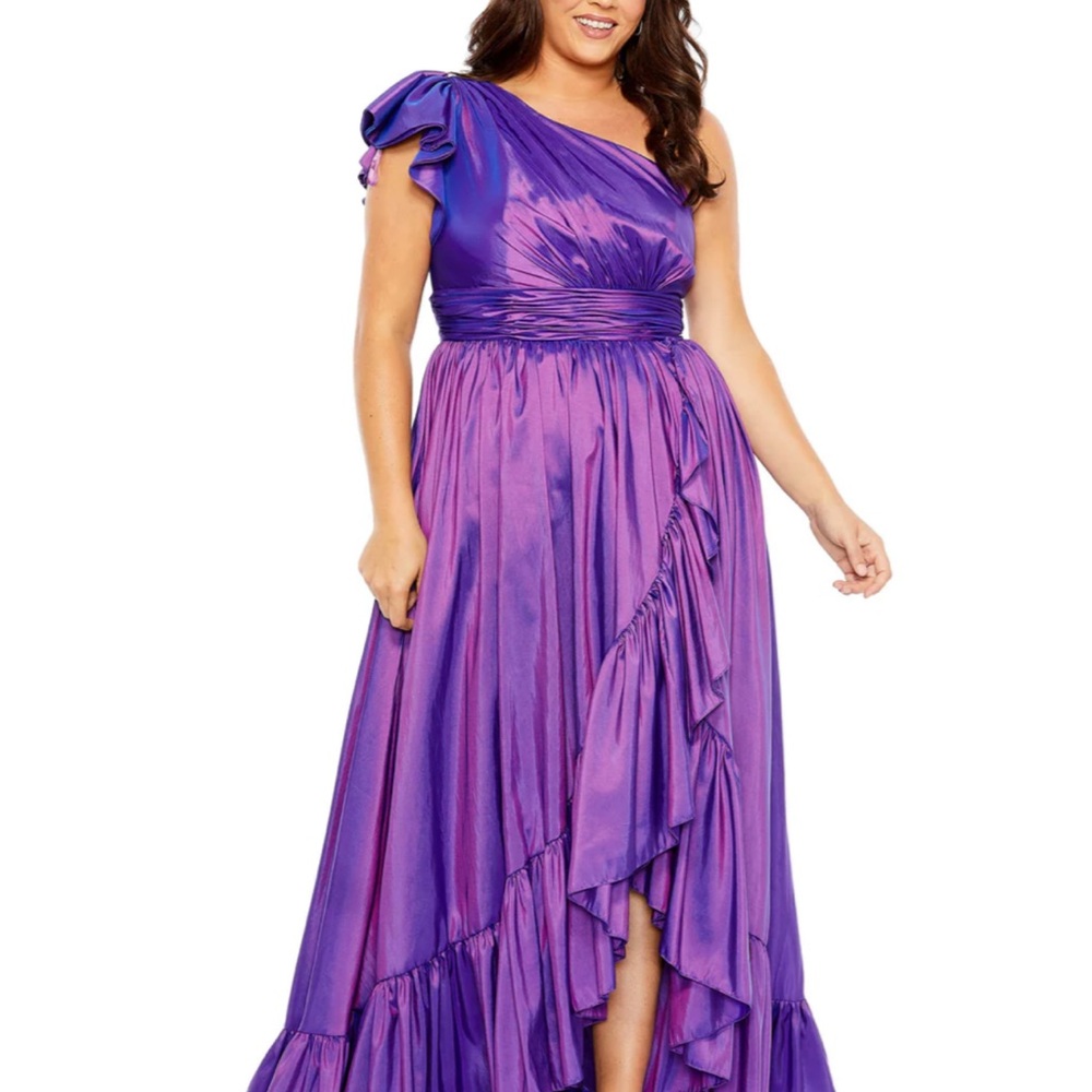 One shoulder Mc Duggal taffeta purple gown